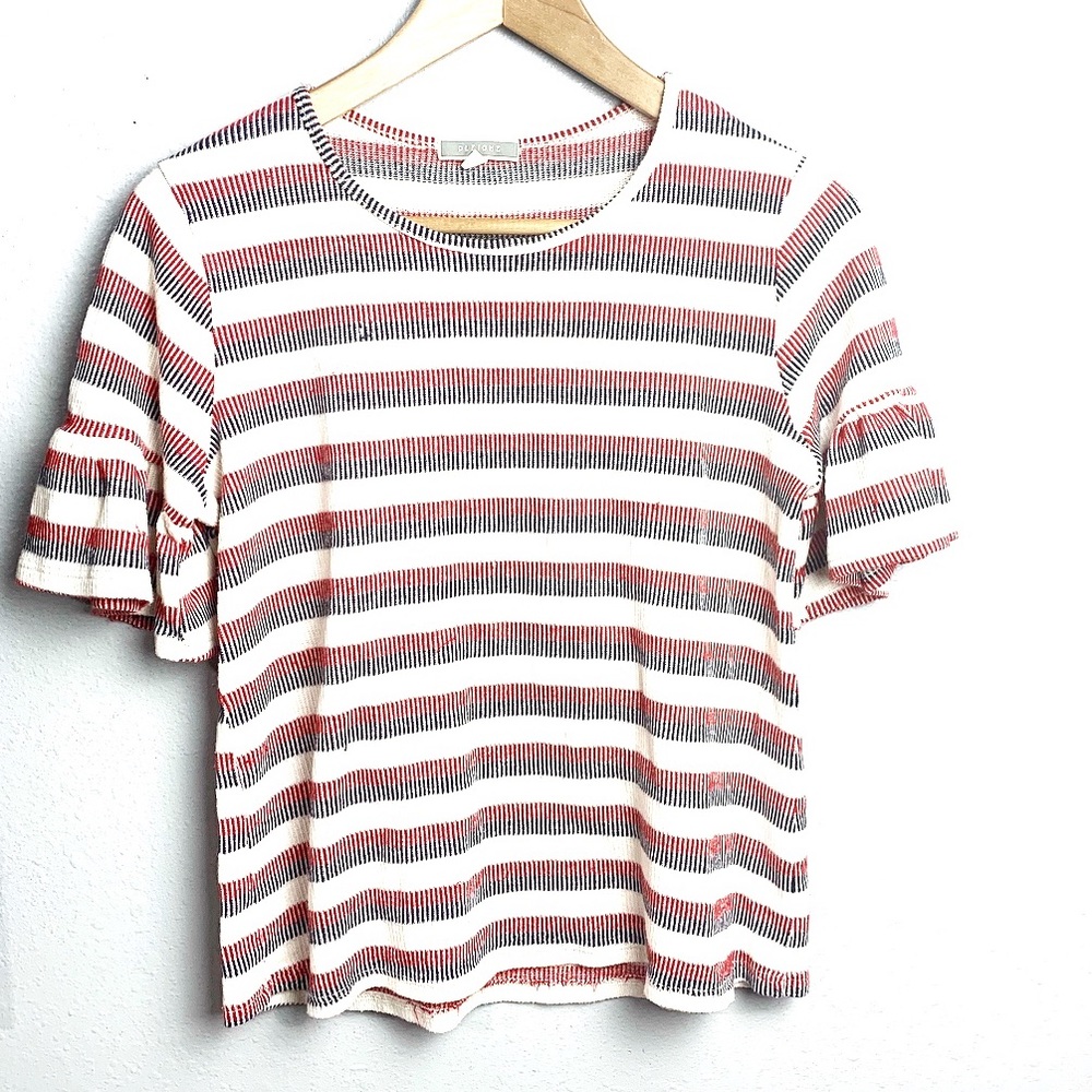 Pleione Striped Knit Ruffle Elbow Top - Picture 2 of 8